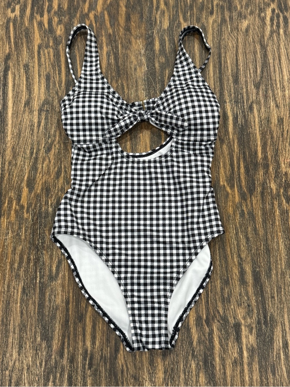 Salt + Cove Bow Cutout One Piece Swimsuit XS Black White Gingham NWT